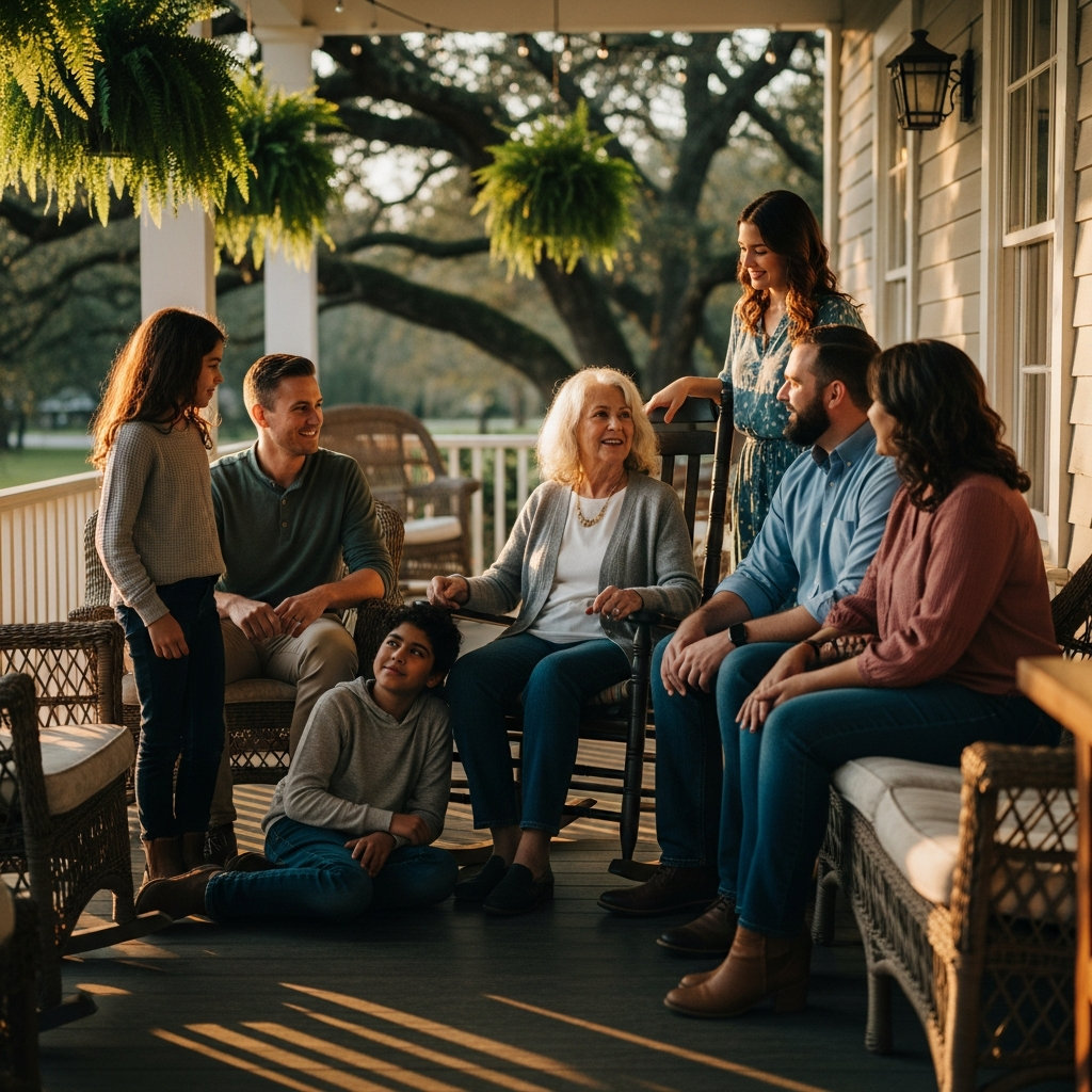 A family gathered on a porch — the kind of moment a story song is built from
